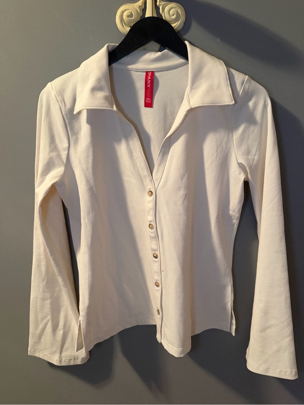 SPANX Ivory Button-Front Long Sleeve Polo Shirt